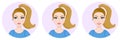 Avatar of a young girl. Woman looking sideways, smiling. Look away. Round icon. Cute face. Caucasian woman. Blue t-shirt. Ponytail